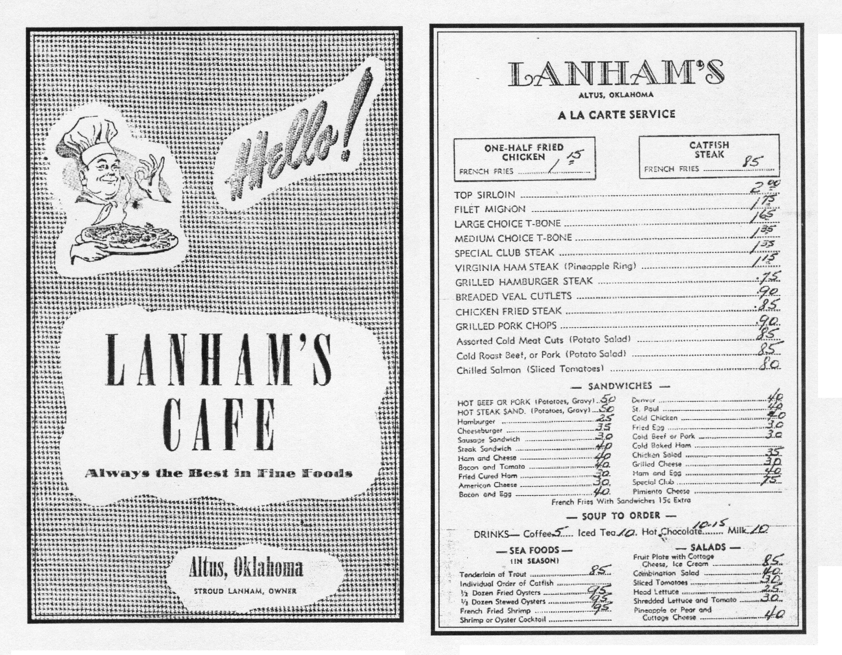 black and white scan of the menu