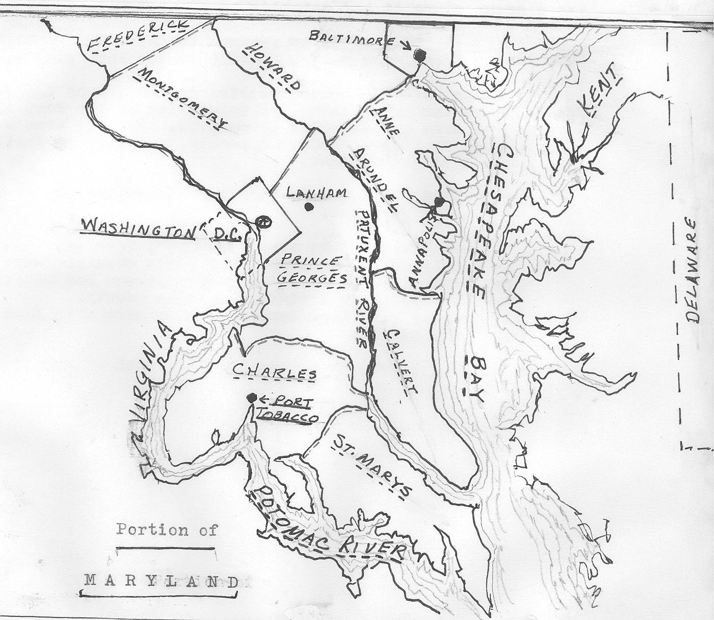 a hand drawn Map of Maryland in 1700