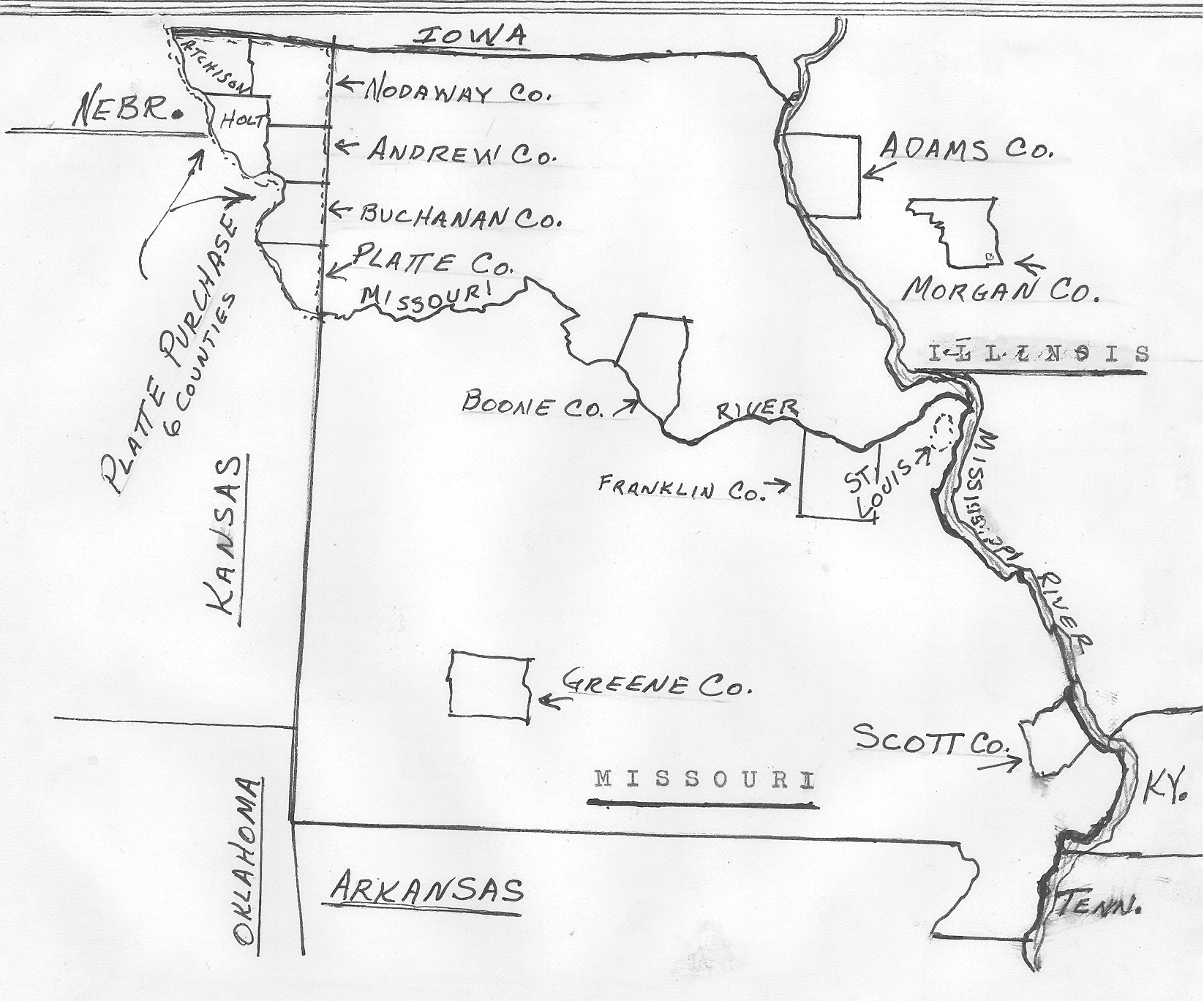 a hand drawn map of Missouri
