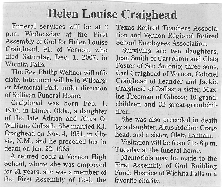 OletaSister dies 2007 Louise Craighead